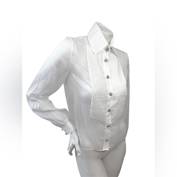 CHANEL White Silk Pleated Tuxedo Blouse CC Buttons 34 - Picture 2 of 10